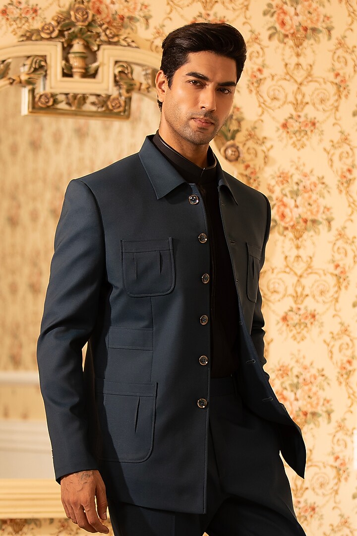 Teal Blue Japanese Suting Wedding Bandhgala Set by Design O Stitch Men at Pernia's Pop Up Shop