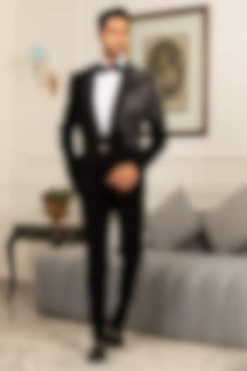 Black Japanese Suiting Sequins Hand Embellished Tuxedo Set by Design O Stitch Men at Pernia's Pop Up Shop