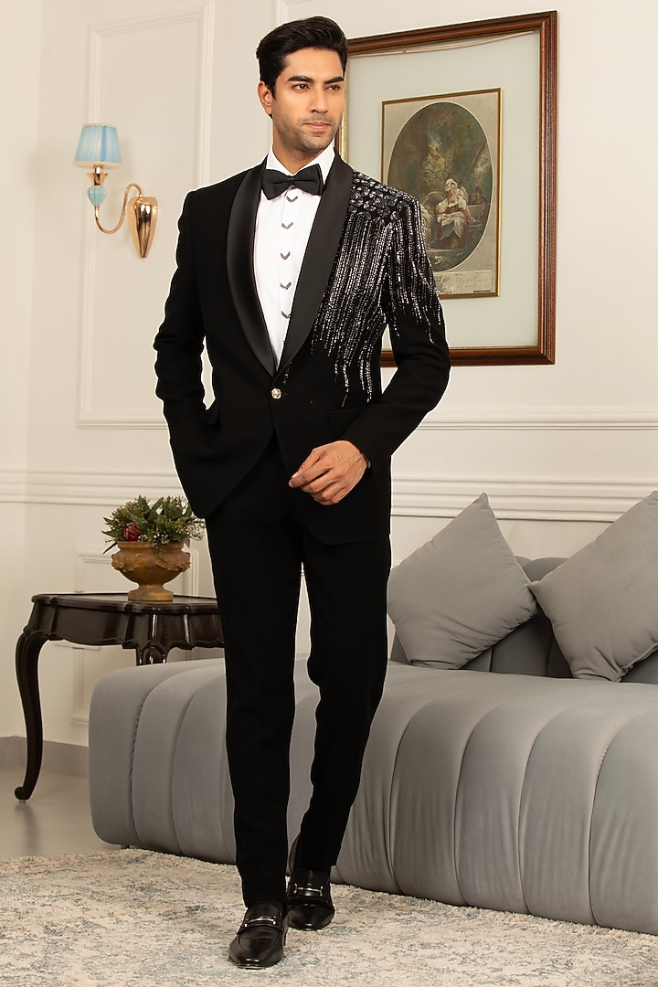 Black Japanese Suiting Sequins Hand Embellished Tuxedo Set by Design O Stitch Men at Pernia's Pop Up Shop