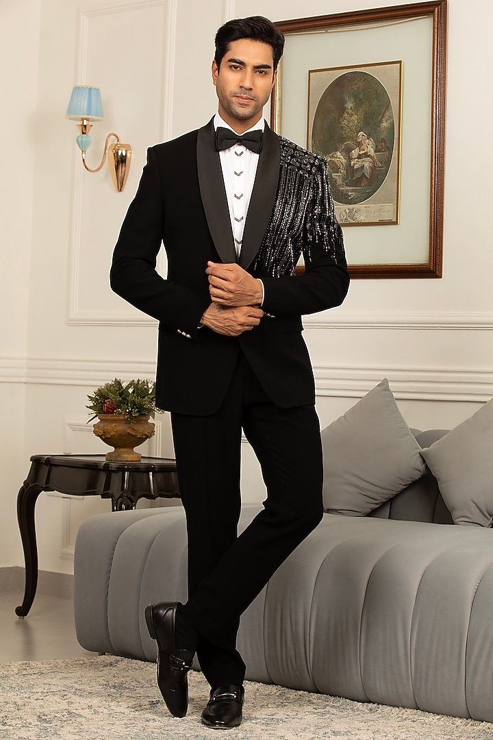 Black Japanese Suiting Sequins Hand Embellished Tuxedo Set by Design O Stitch Men at Pernia's Pop Up Shop