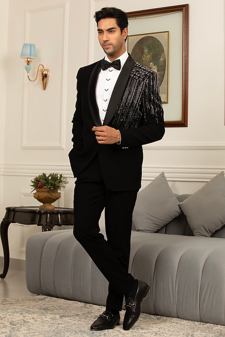 Black Japanese Suiting Sequins Hand Embellished Tuxedo Set by Design O Stitch Men at Pernia's Pop Up Shop