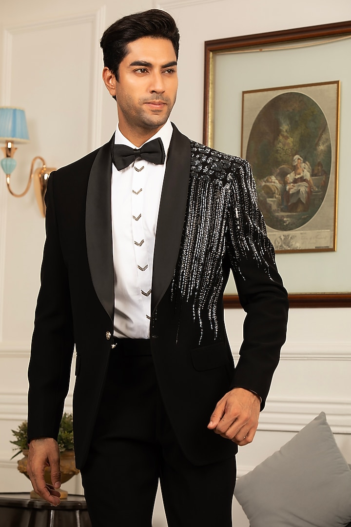 Black Japanese Suiting Sequins Hand Embellished Tuxedo Set by Design O Stitch Men at Pernia's Pop Up Shop