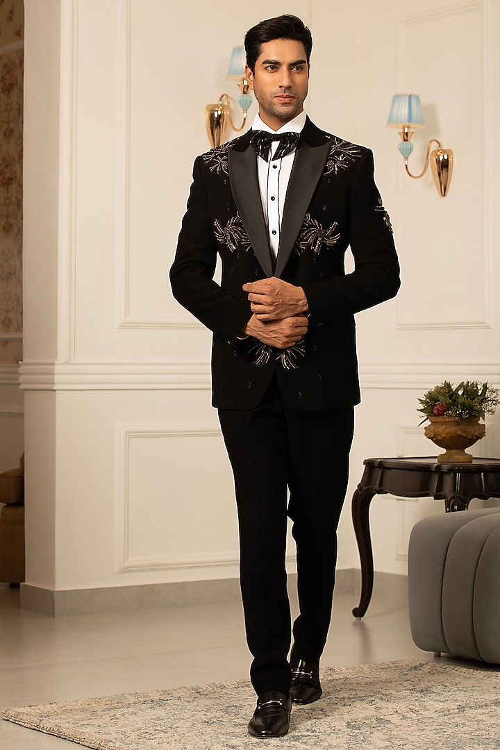 Black Japanese Suiting Hand Embroidered Tuxedo Set by Design O Stitch Men at Pernia's Pop Up Shop
