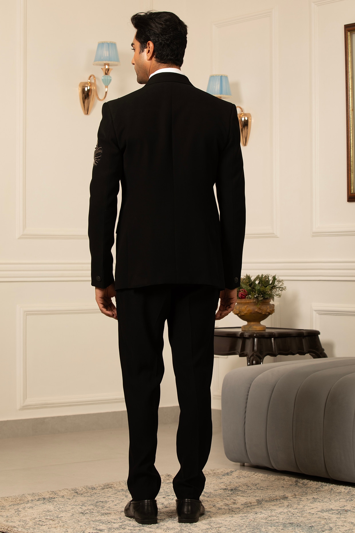 Black Japanese Suiting Hand Embroidered Tuxedo Set by Design O
