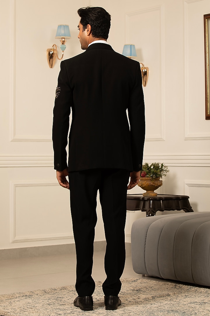 Black Japanese Suiting Hand Embroidered Tuxedo Set by Design O Stitch Men at Pernia's Pop Up Shop