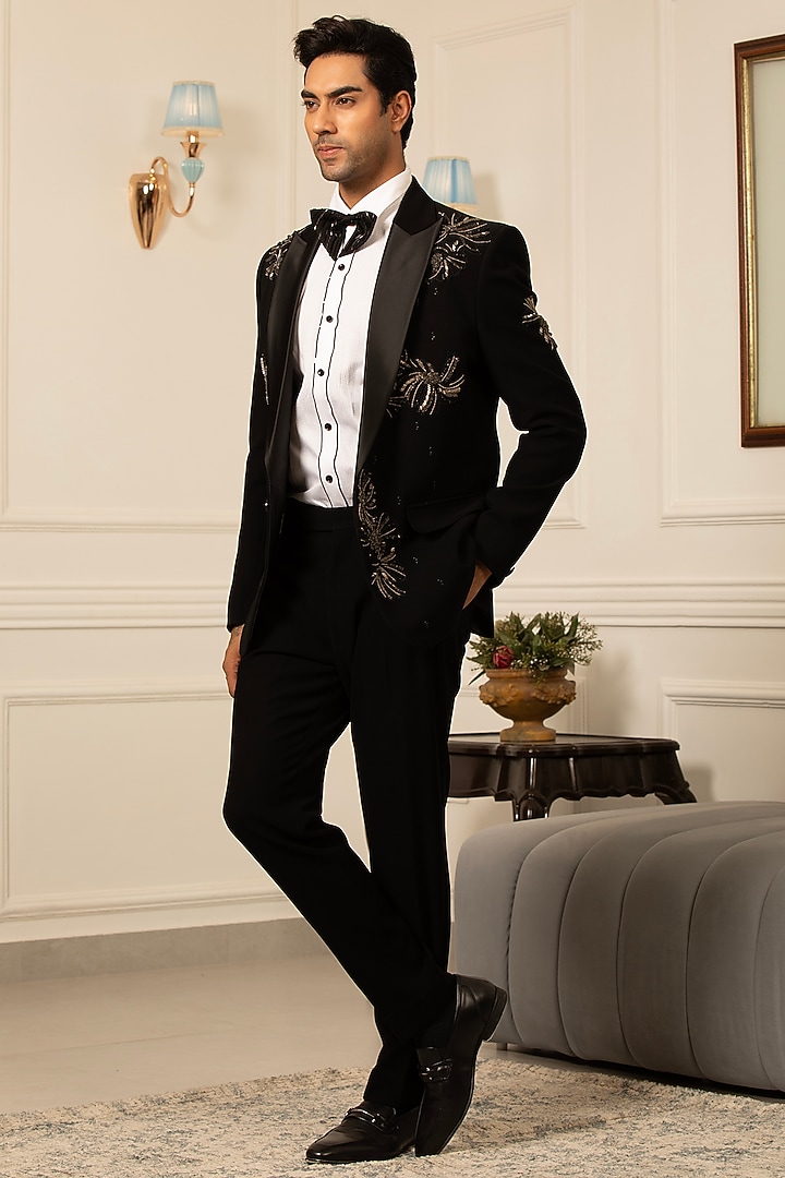 Black Japanese Suiting Hand Embroidered Tuxedo Set by Design O Stitch Men at Pernia's Pop Up Shop