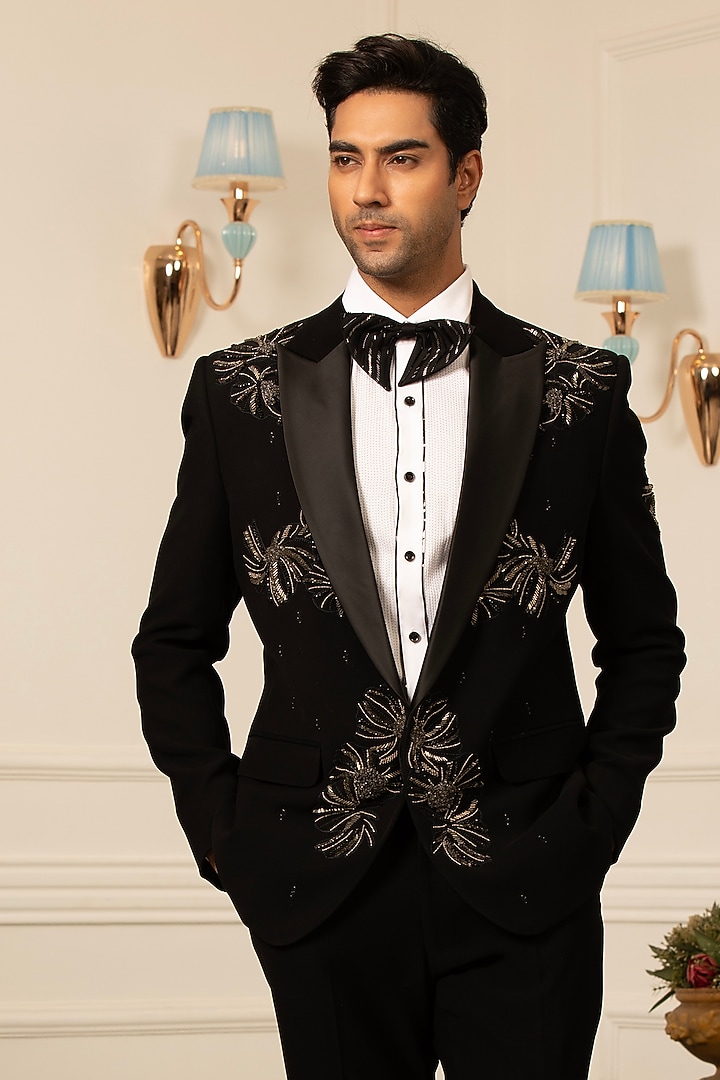Black Japanese Suiting Hand Embroidered Tuxedo Set by Design O Stitch Men at Pernia's Pop Up Shop