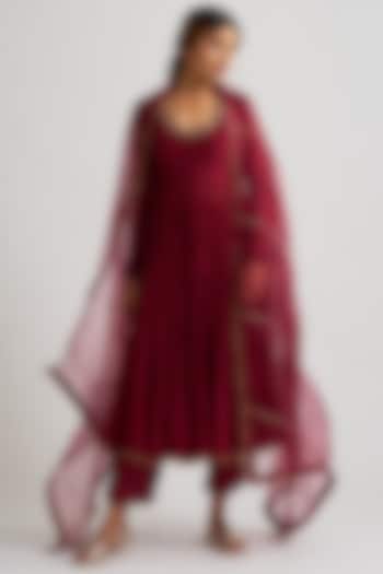 Maroon Hand Embroidered Anarkali Set by Dot