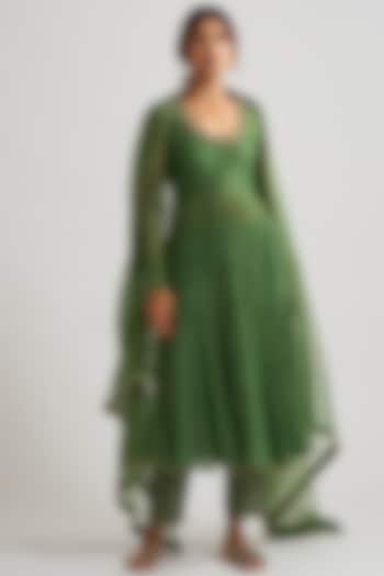 Green Hand Embroidered Party Wear Anarkali Set by Dot at Pernia's Pop Up Shop