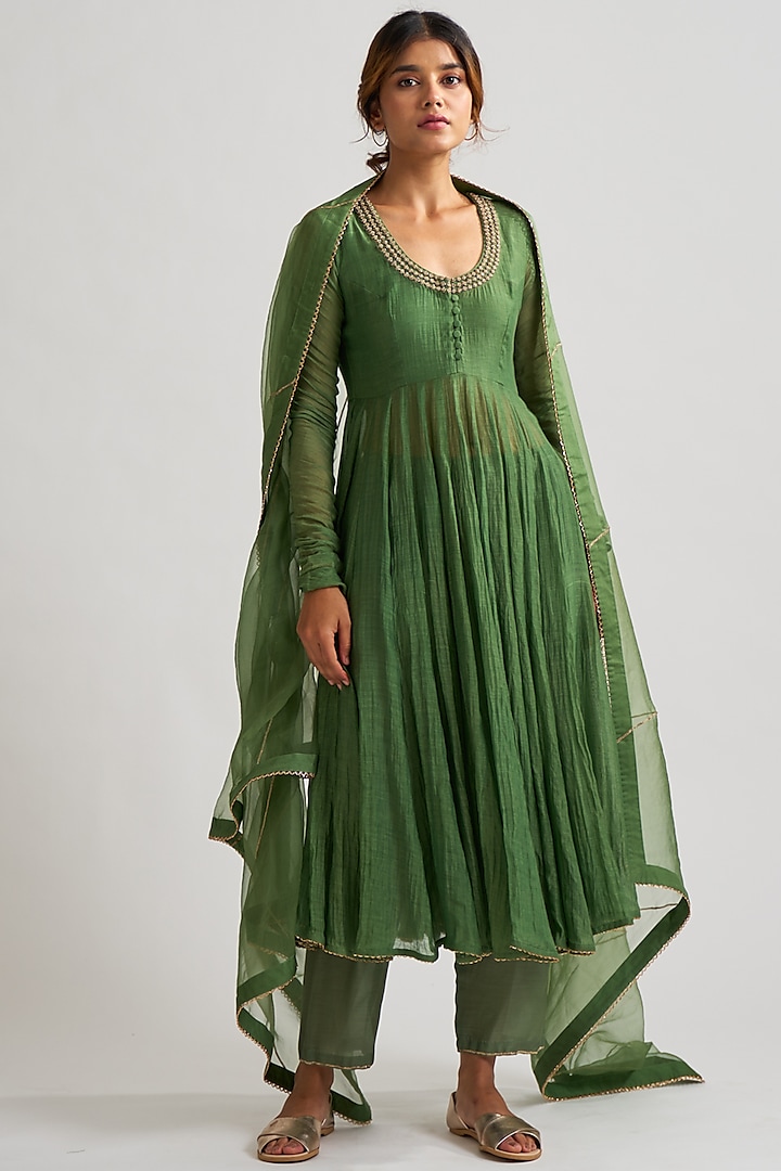 Green Hand Embroidered Anarkali Set by Dot