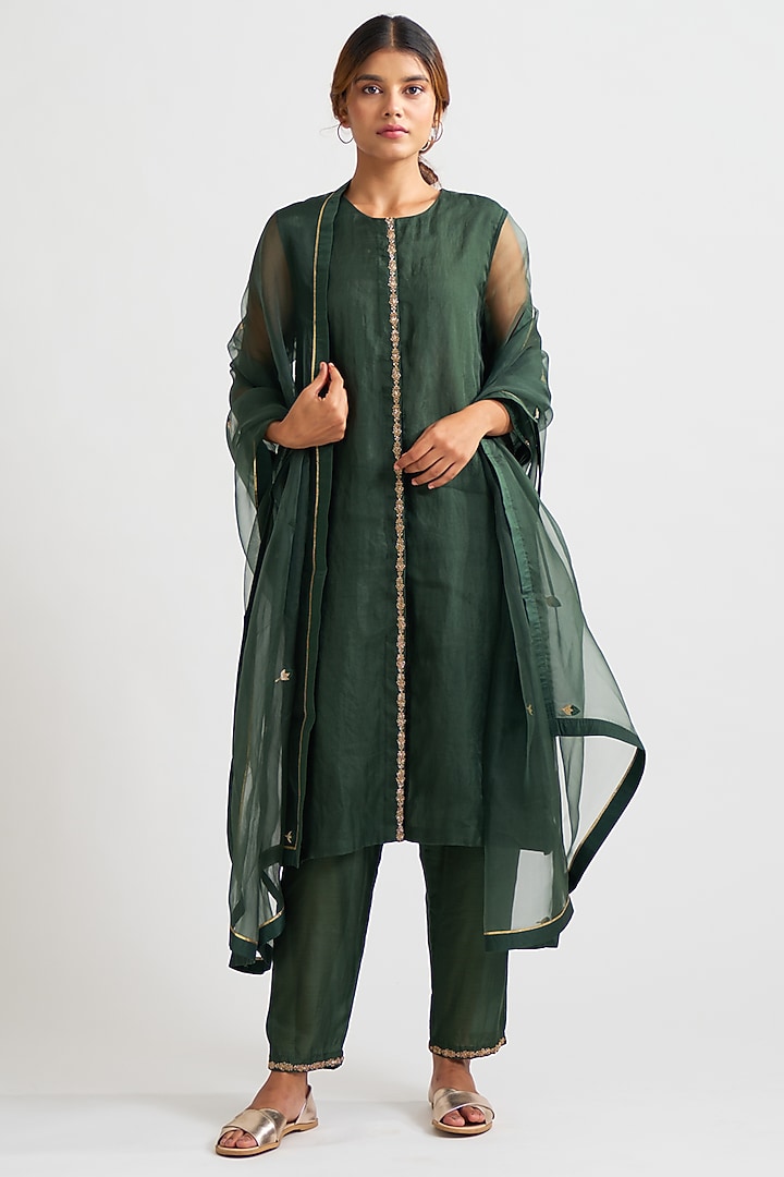 Teal Green Hand Embroidered Kurta Set by Dot at Pernia's Pop Up Shop