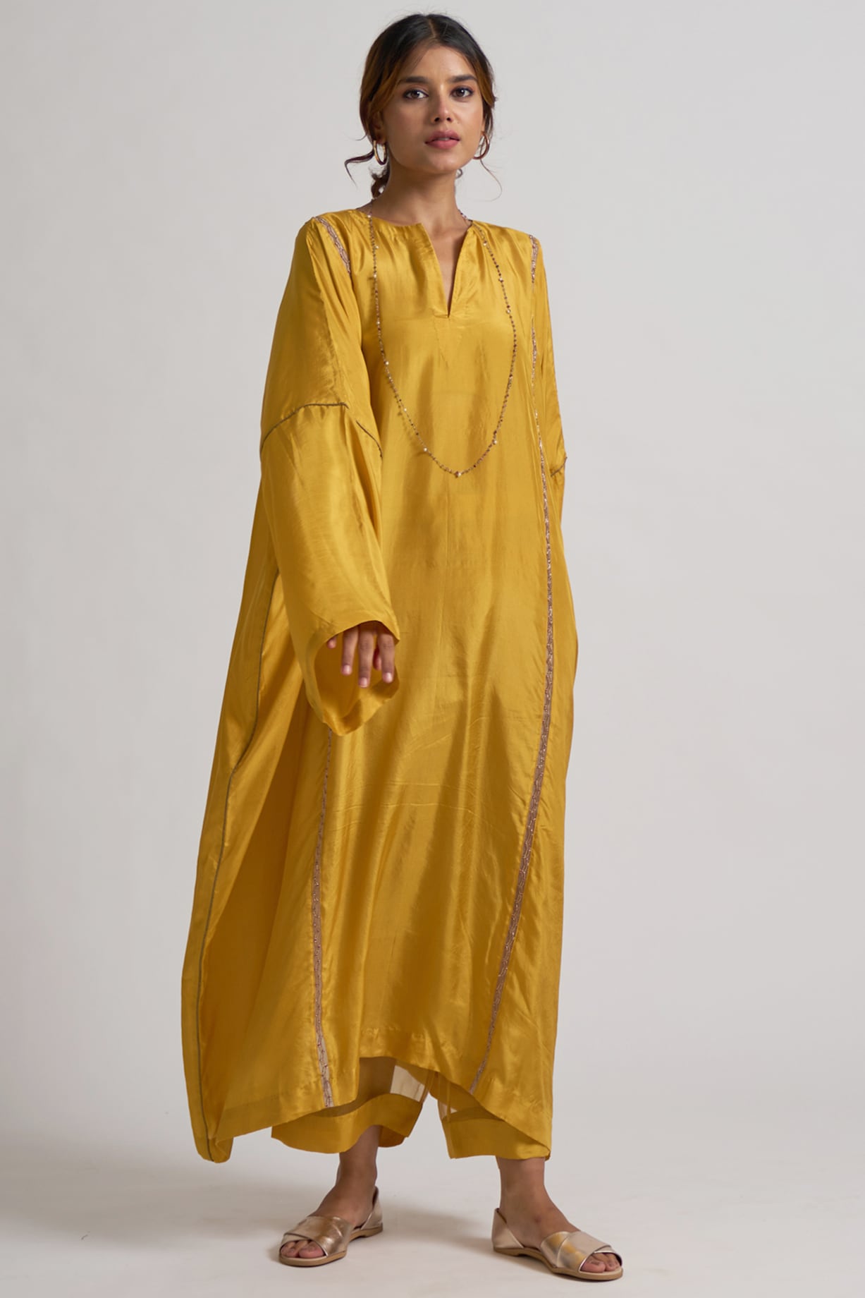 Women's Embroidered Mustard Kaftan Kurta Set with Tapered Trouser