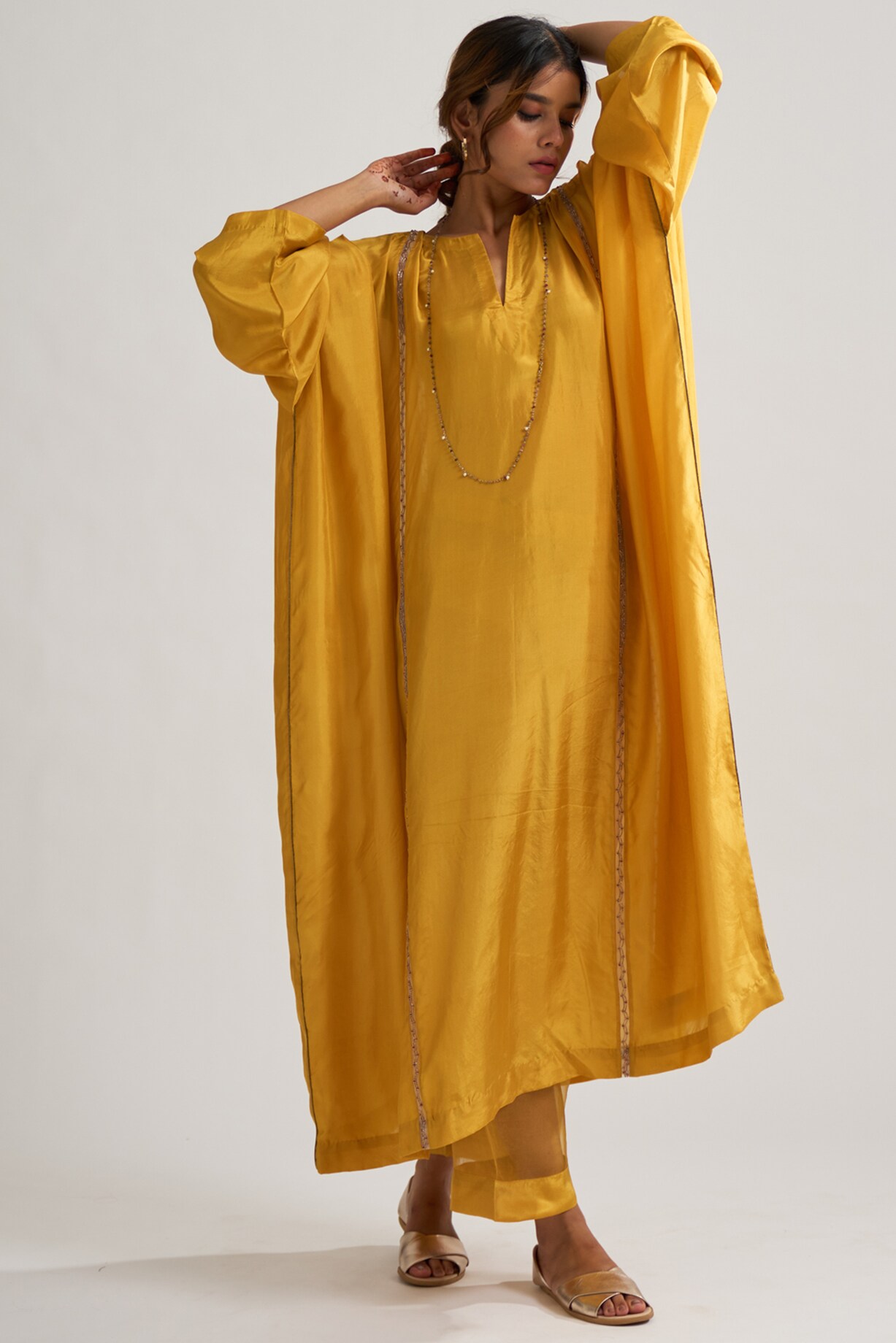 Mustard Ombre Kaftan Set with Pearl Embellished Tassles & Tropical Digital Print