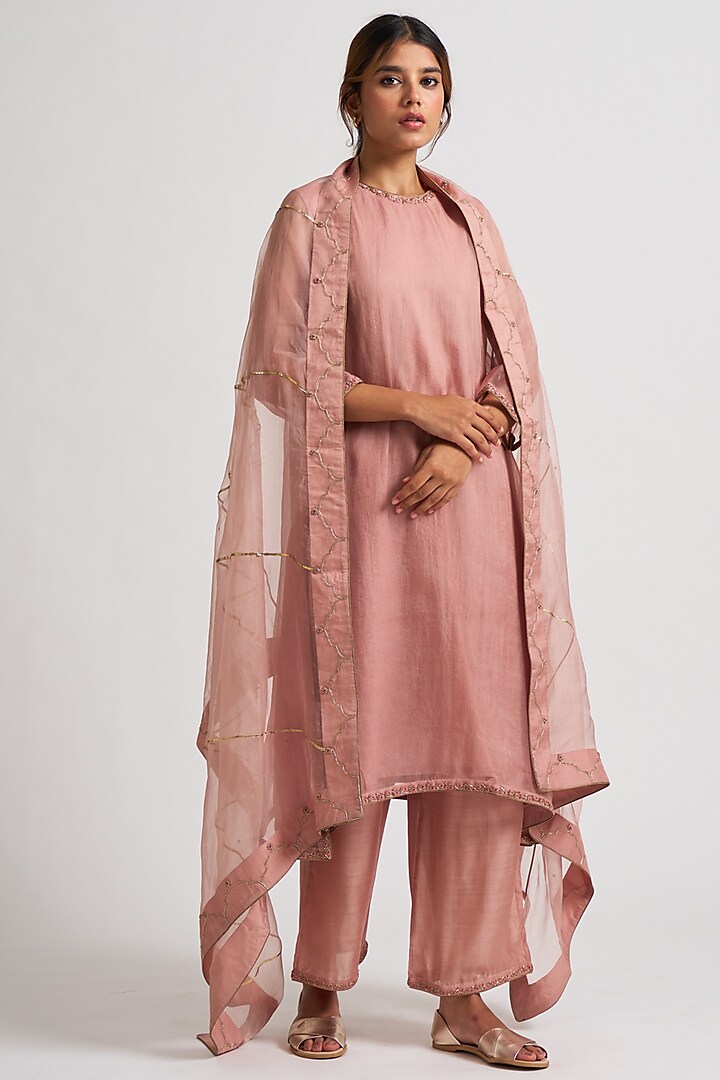 Old Rose Straight Kurta Set With Hand Embroidery by Dot