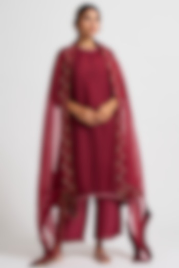 Maroon Straight Kurta Set With Hand Embroidery by Dot