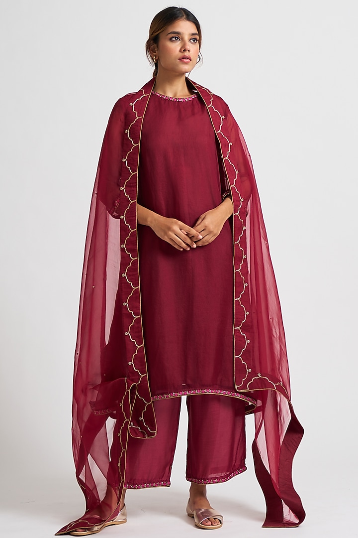 Maroon Straight Kurta Set With Hand Embroidery by Dot