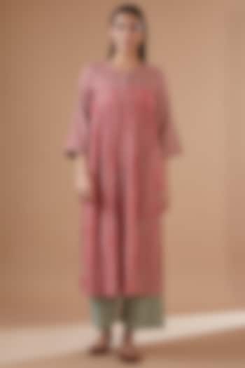 Old Rose Cotton Stripe Printed & Embroidered Kurta Set by Dot at Pernia's Pop Up Shop