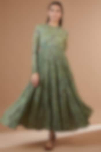 Sage Green Cotton Embroidered & Printed Anarkali by Dot