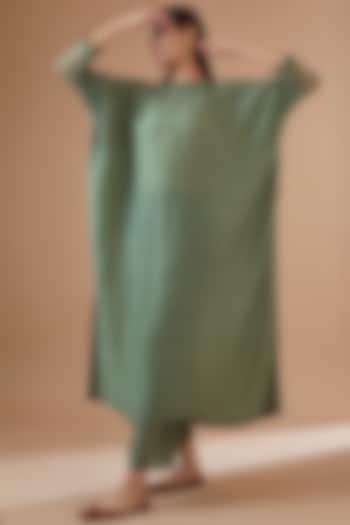Sage Green Cotton Silk Embroidered Kaftan Set by Dot at Pernia's Pop Up Shop