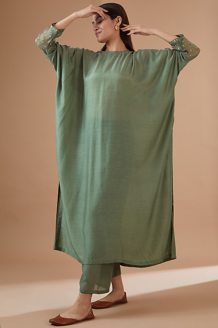 Sage Green Cotton Silk Embroidered Kaftan Set by Dot at Pernia's Pop Up Shop