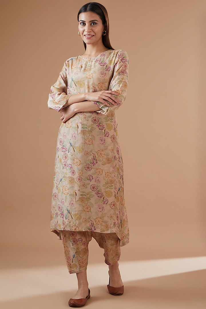 Beige Cotton Silk Floral Printed Kurta Set by Dot at Pernia's Pop Up Shop