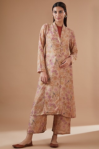 Beige Cotton Silk Printed Jacket Set by Dot