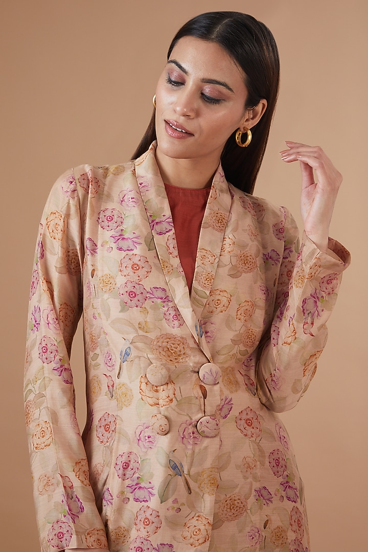 Beige Cotton Silk Printed Jacket Set by Dot at Pernia's Pop Up Shop