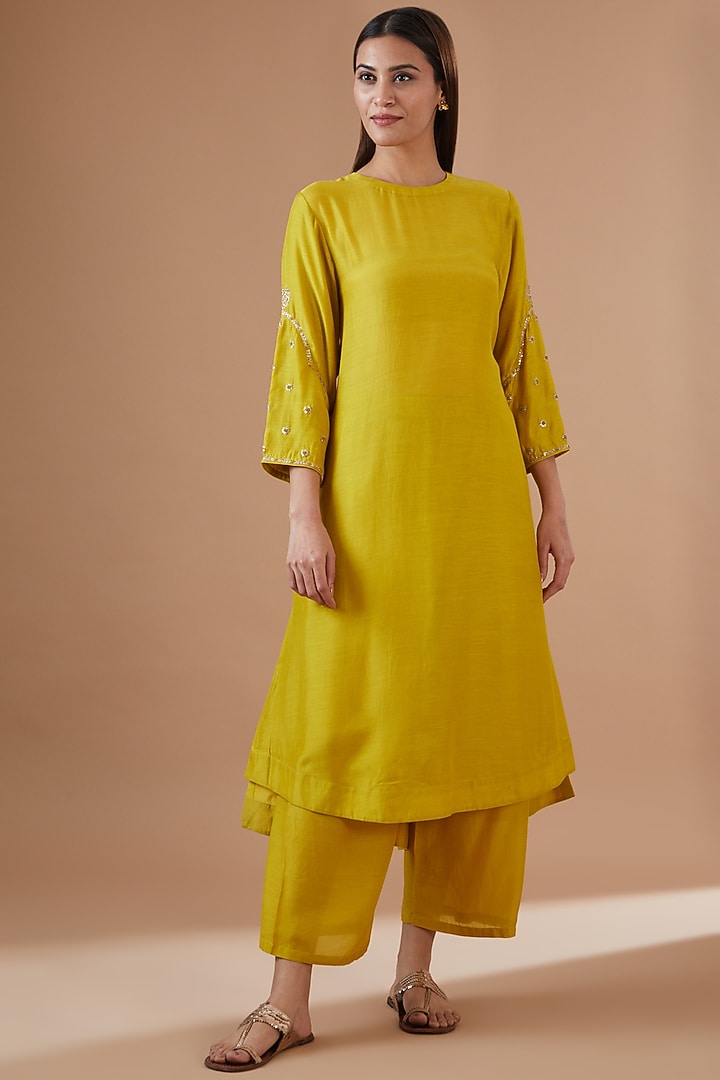 Bright Yellow Silk Kurta Set by Dot at Pernia's Pop Up Shop