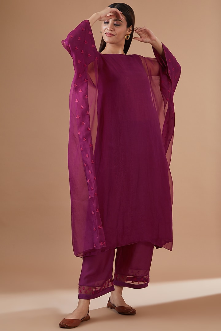 Crimson Pink Organza Embroidered Kaftan Set by Dot