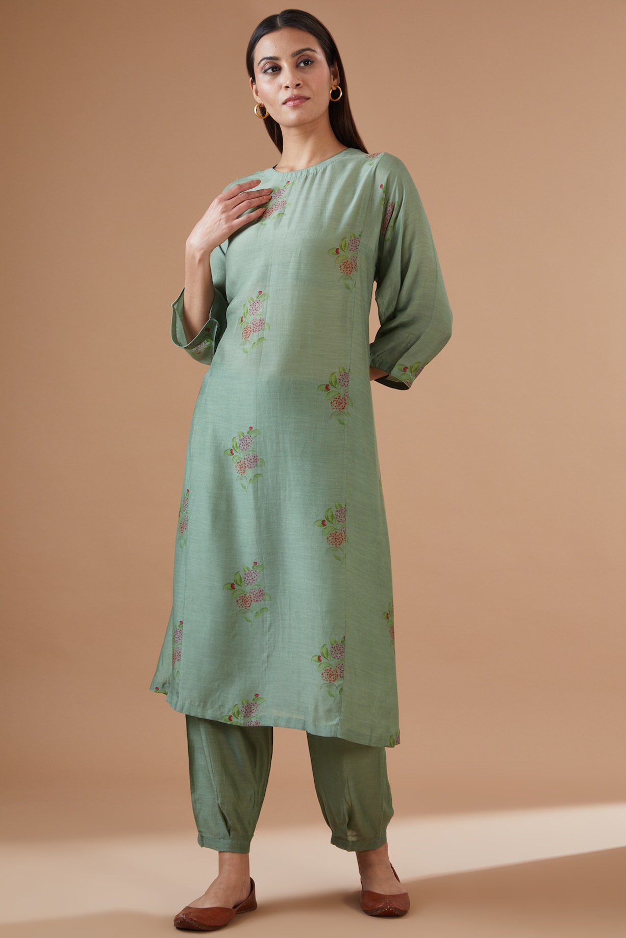 Teal Green & Lime Green Floral Printed Kurta Set With Skirt main image 1