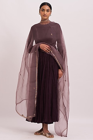 Wine Organza Anarkali Set by Dot