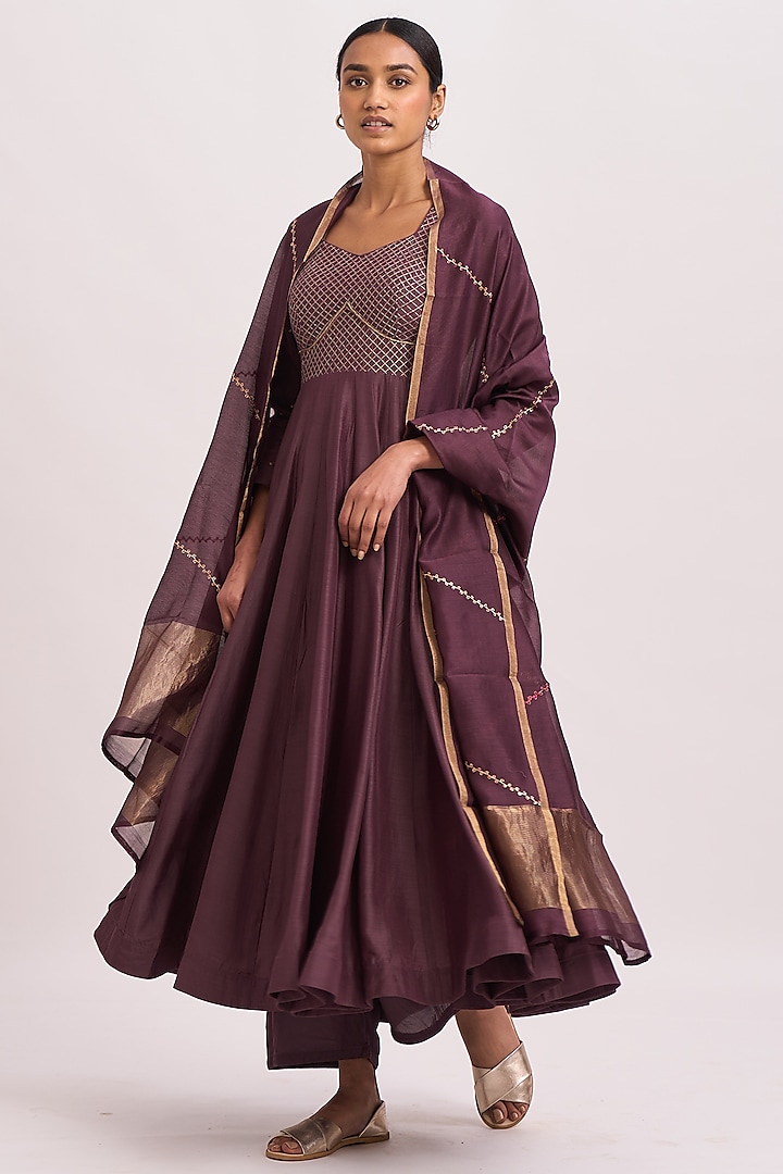 Wine Cotton Silk Anarkali Set by Dot at Pernia's Pop Up Shop