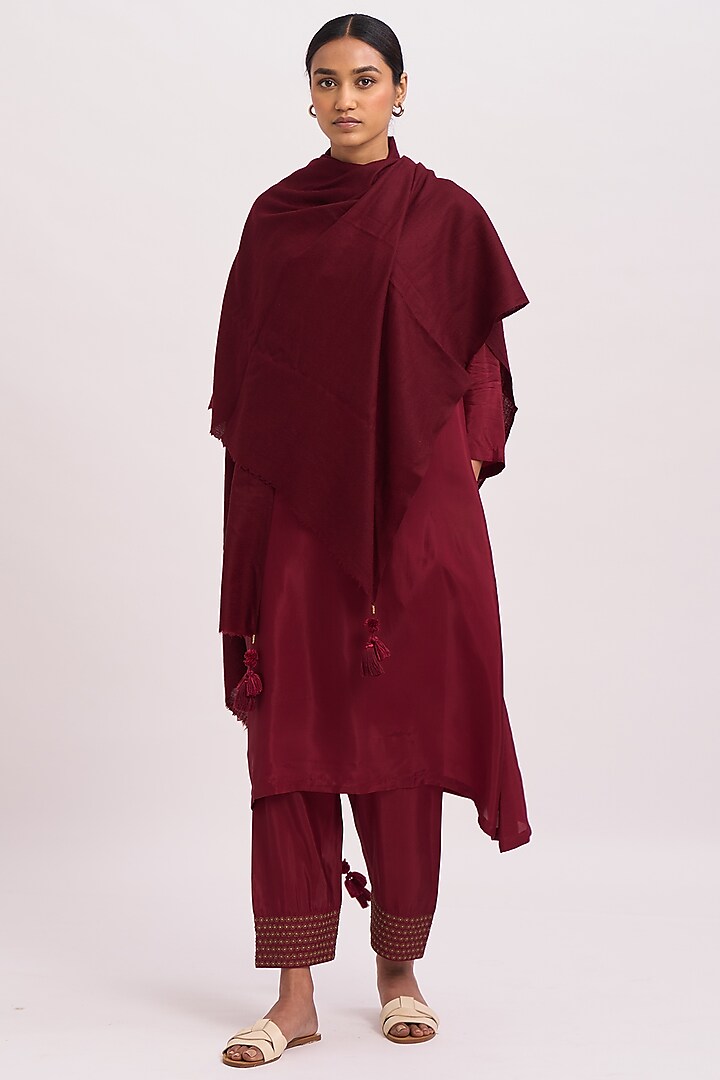 Dark Red Woolen Tasseled Shawl by Dot