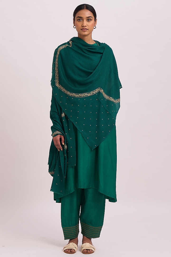 Emerald Green Embroidered Shawl by Dot