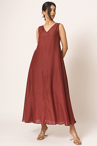Maroon Cotton Silk Dress by Dot