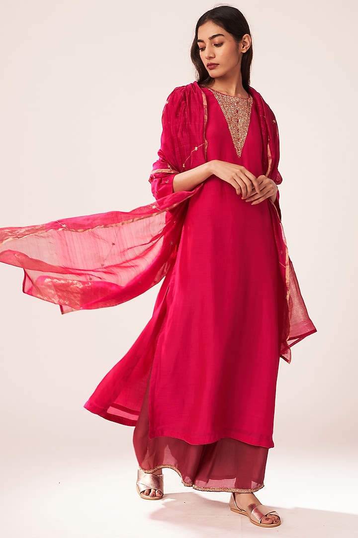 Rani Pink Embroidered Kurta Set by Dot at Pernia's Pop Up Shop