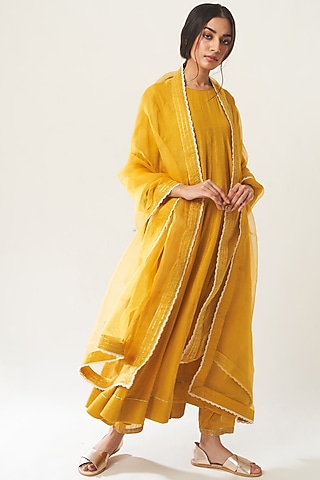 Mustard Embroidered Kalidar Kurta Set by Dot