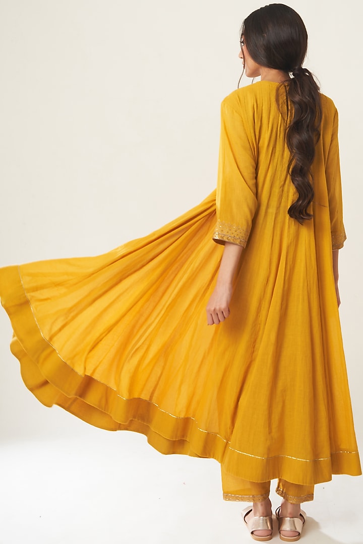 Mustard Embroidered Kalidar Kurta Set by Dot at Pernia's Pop Up Shop