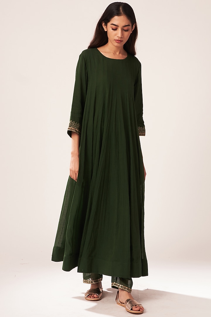 Emerald Green Embroidered Kalidar Kurta Set by Dot at Pernia's Pop Up Shop