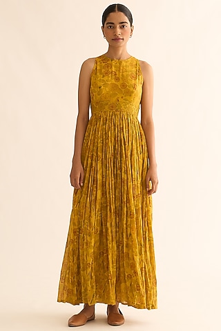 Bright Yellow Cotton Silk Printed & Embroidered Anarkali by Dot
