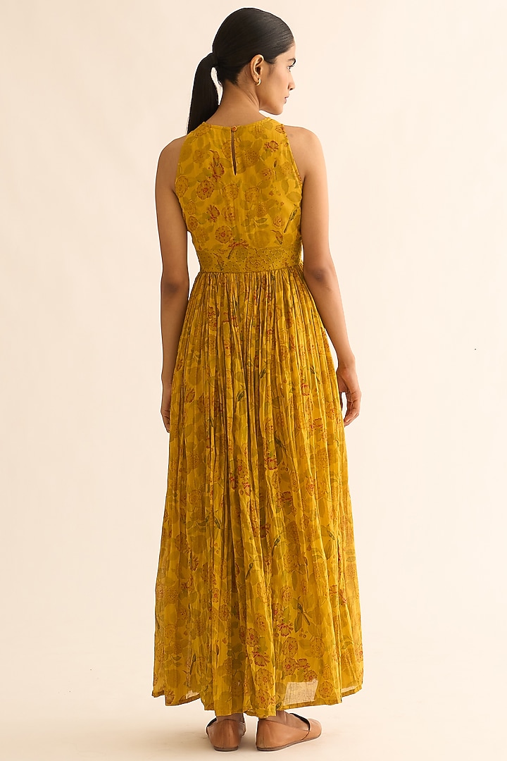 Bright Yellow Cotton Silk Printed & Embroidered Anarkali by Dot at Pernia's Pop Up Shop
