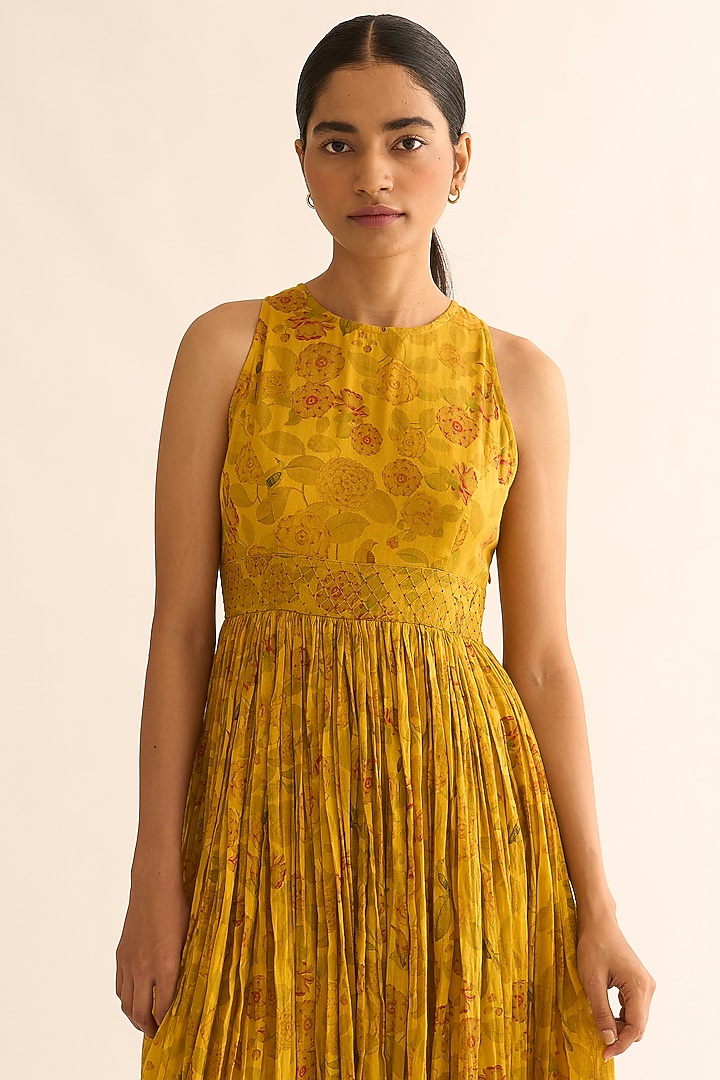 Bright Yellow Cotton Silk Printed & Embroidered Anarkali by Dot at Pernia's Pop Up Shop