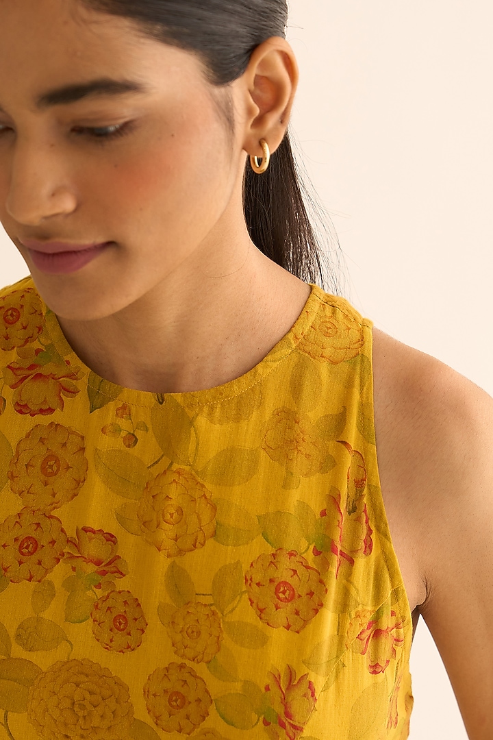 Bright Yellow Cotton Silk Printed & Embroidered Anarkali by Dot at Pernia's Pop Up Shop