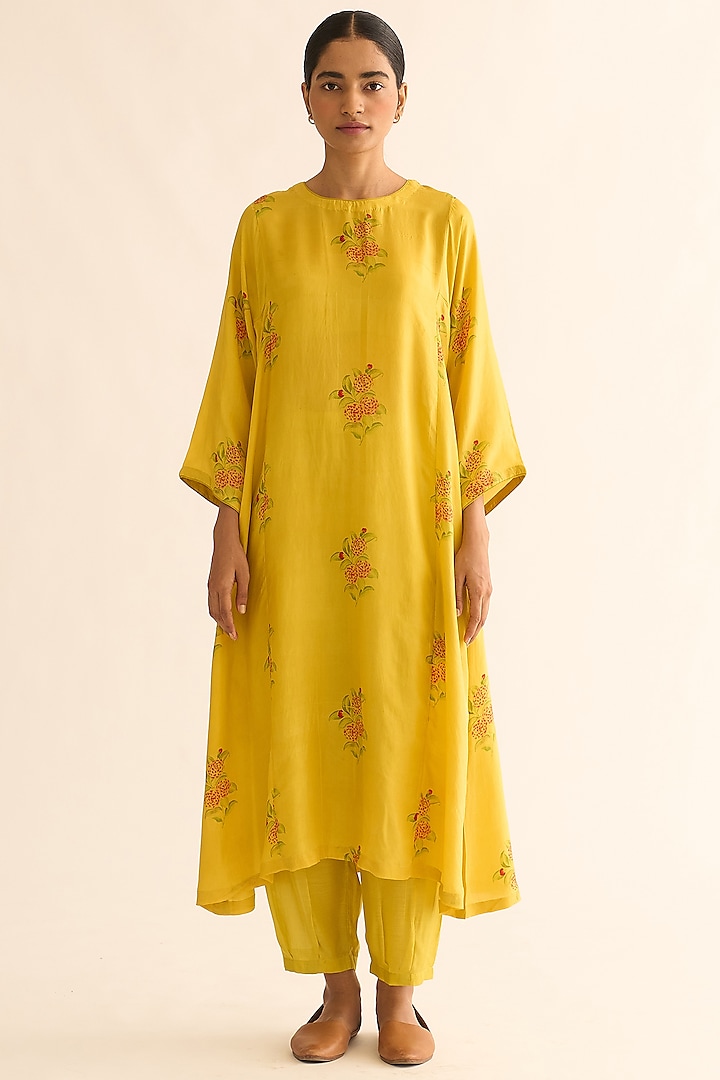 Bright Yellow Habutai Silk Printed Kurta Set by Dot