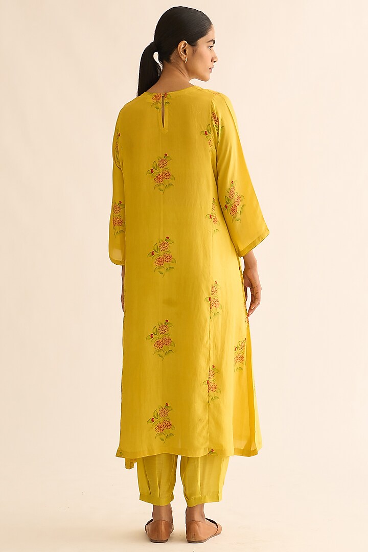 Bright Yellow Habutai Silk Printed Kurta Set by Dot at Pernia's Pop Up Shop
