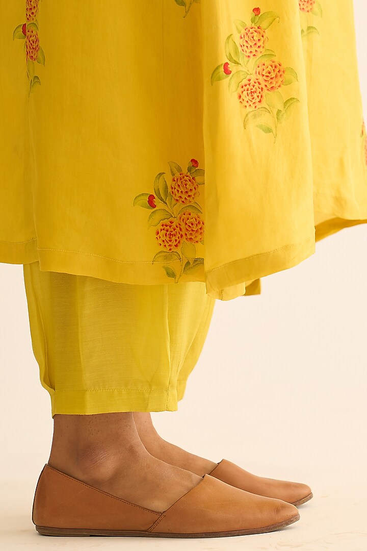 Bright Yellow Habutai Silk Printed Kurta Set by Dot at Pernia's Pop Up Shop