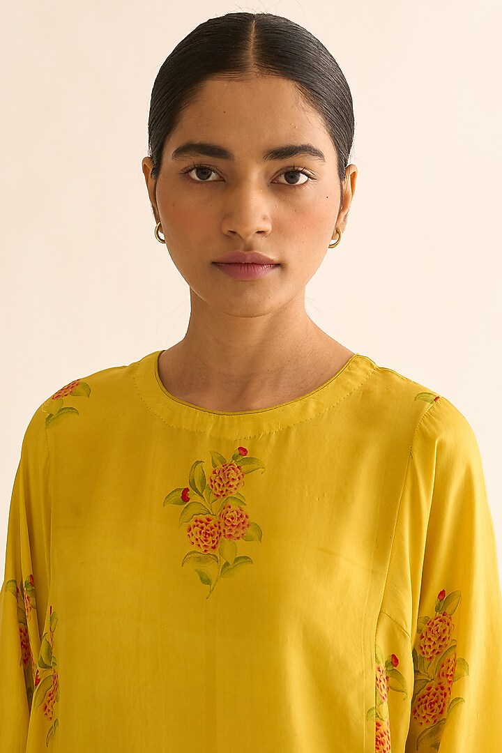 Bright Yellow Habutai Silk Printed Kurta Set by Dot at Pernia's Pop Up Shop