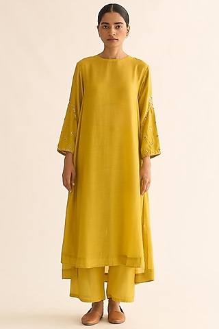 Bright Yellow Silk Hand Embroidered Kurta Set by Dot