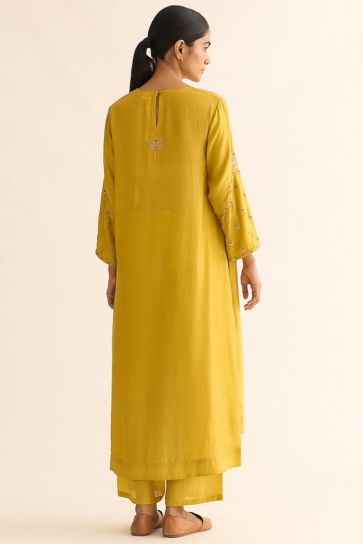 Bright Yellow Silk Hand Embroidered Kurta Set by Dot at Pernia's Pop Up Shop
