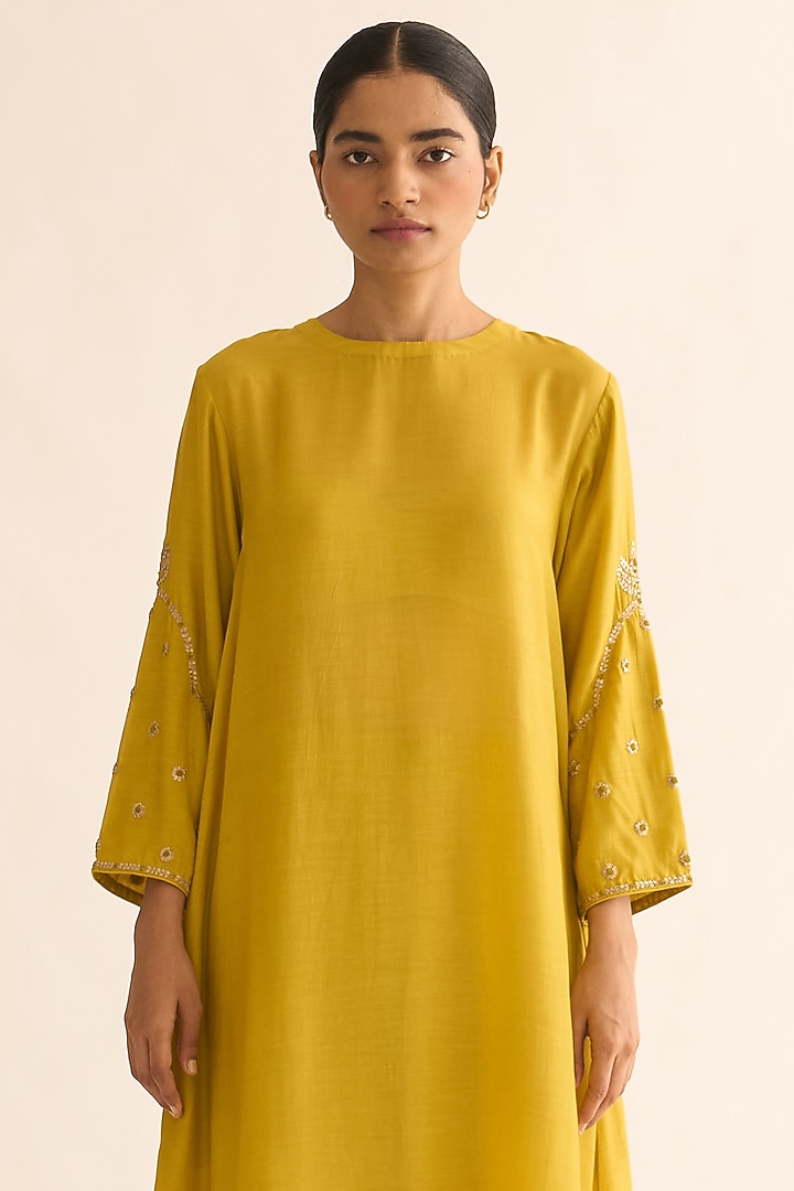 Bright Yellow Silk Hand Embroidered Kurta Set by Dot at Pernia's Pop Up Shop